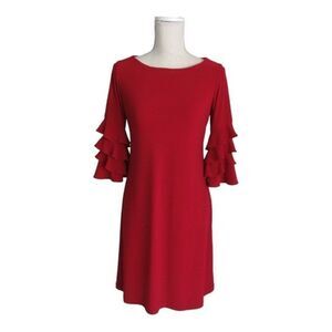 Red Shift Dress with Ruffle Bell Sleeves
